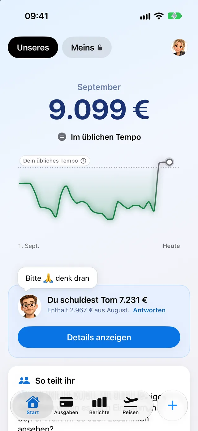Couplesplit Start auf dem iPhone: der Monat im Vergleich zum üblichen Tempo und wer wem was schuldet