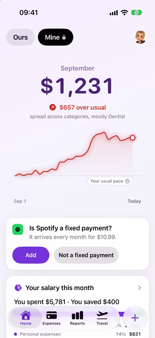 Mine: personal spending, visible only to you